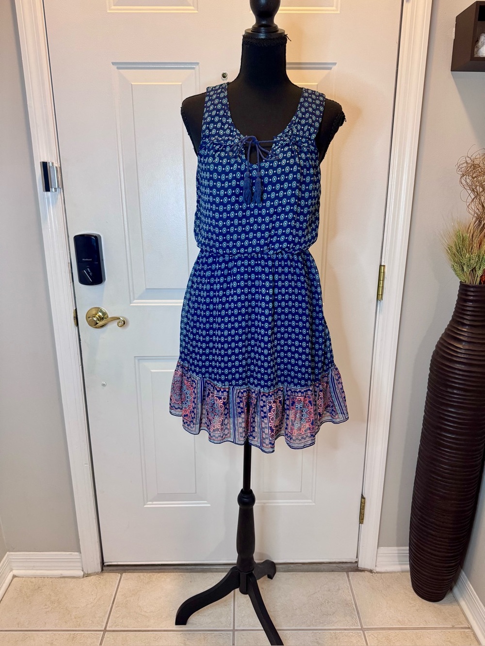 As U Wish Navy Blue Printed Sleeveless Tie-Front Ruffle Dress